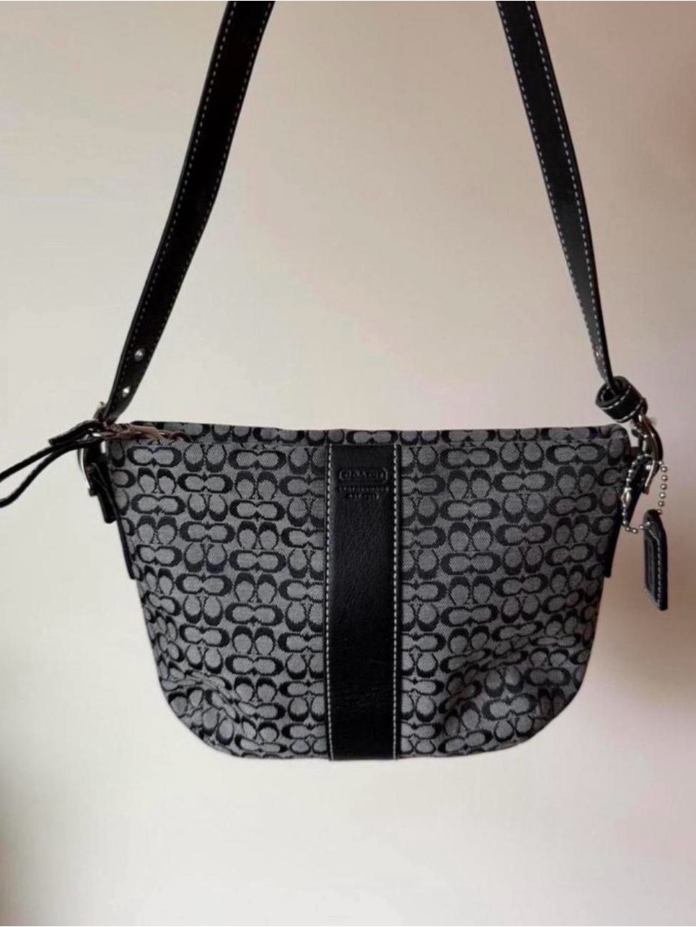 Coach Black Signature Jacquard Demi Crossbody Bag with Leather Trim